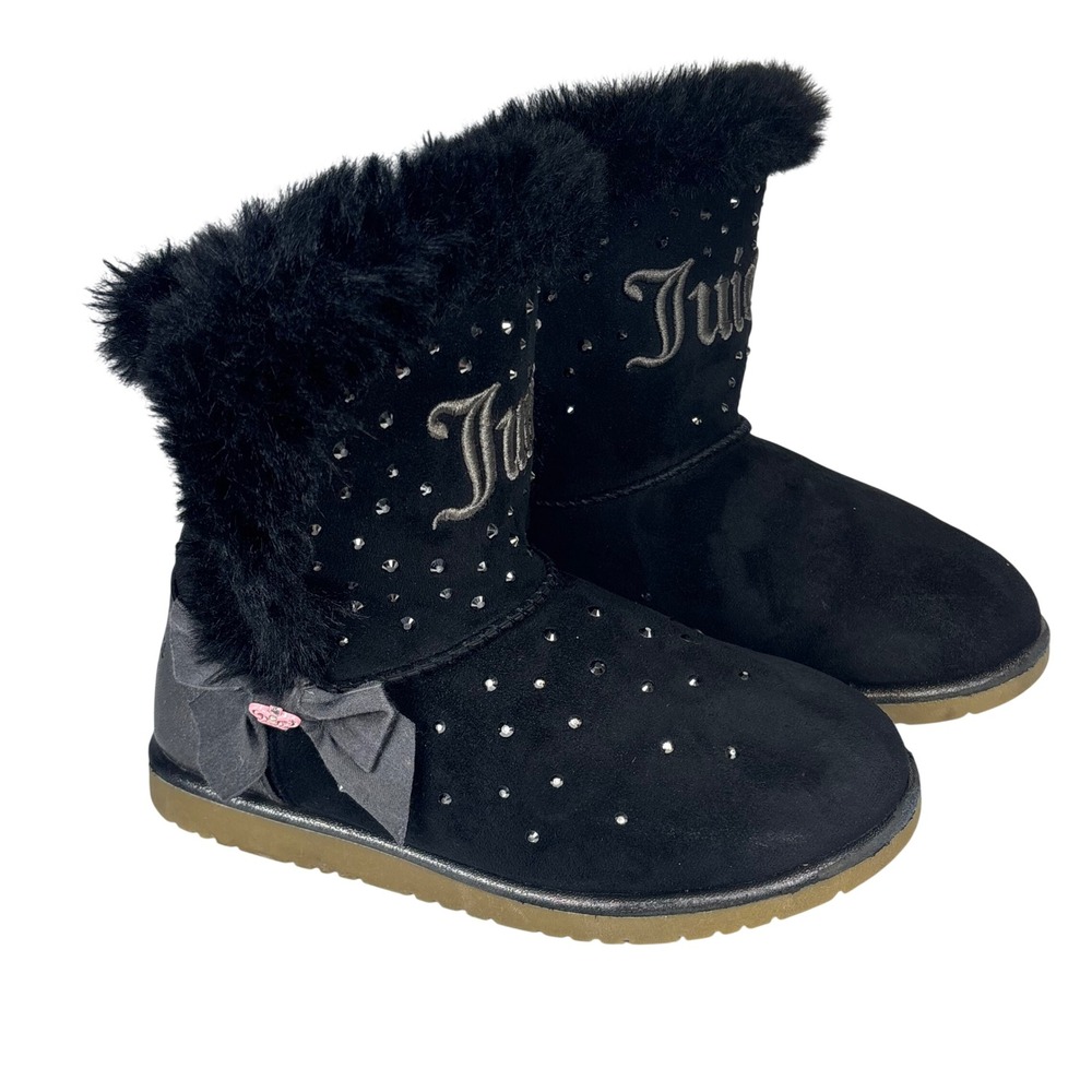 Juicy Couture Faux Fur Boots Black Rhinestone Bow Y2K Glam Kids Size 4